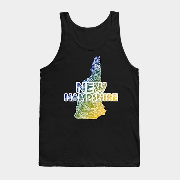 Colorful mandala art map of New Hampshire with text in blue and yellow Tank Top by Happy Citizen